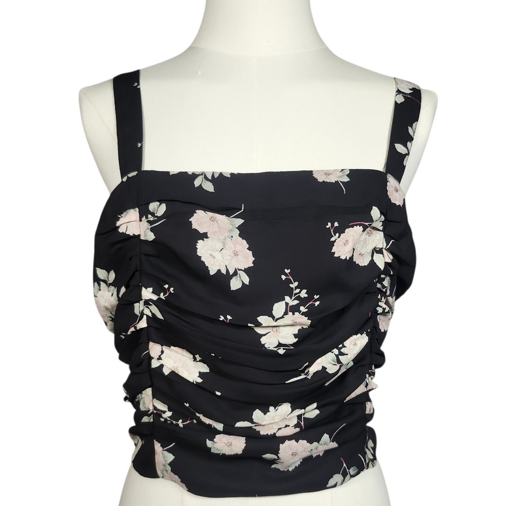 Express‎ Floral Ruched Crop Top Womens Large Black Pink Smocked Back Coquette